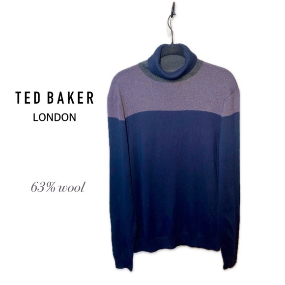 TED BAKER merino wool lightweight gray purple turtleneck sweater size 3 - Picture 1 of 15